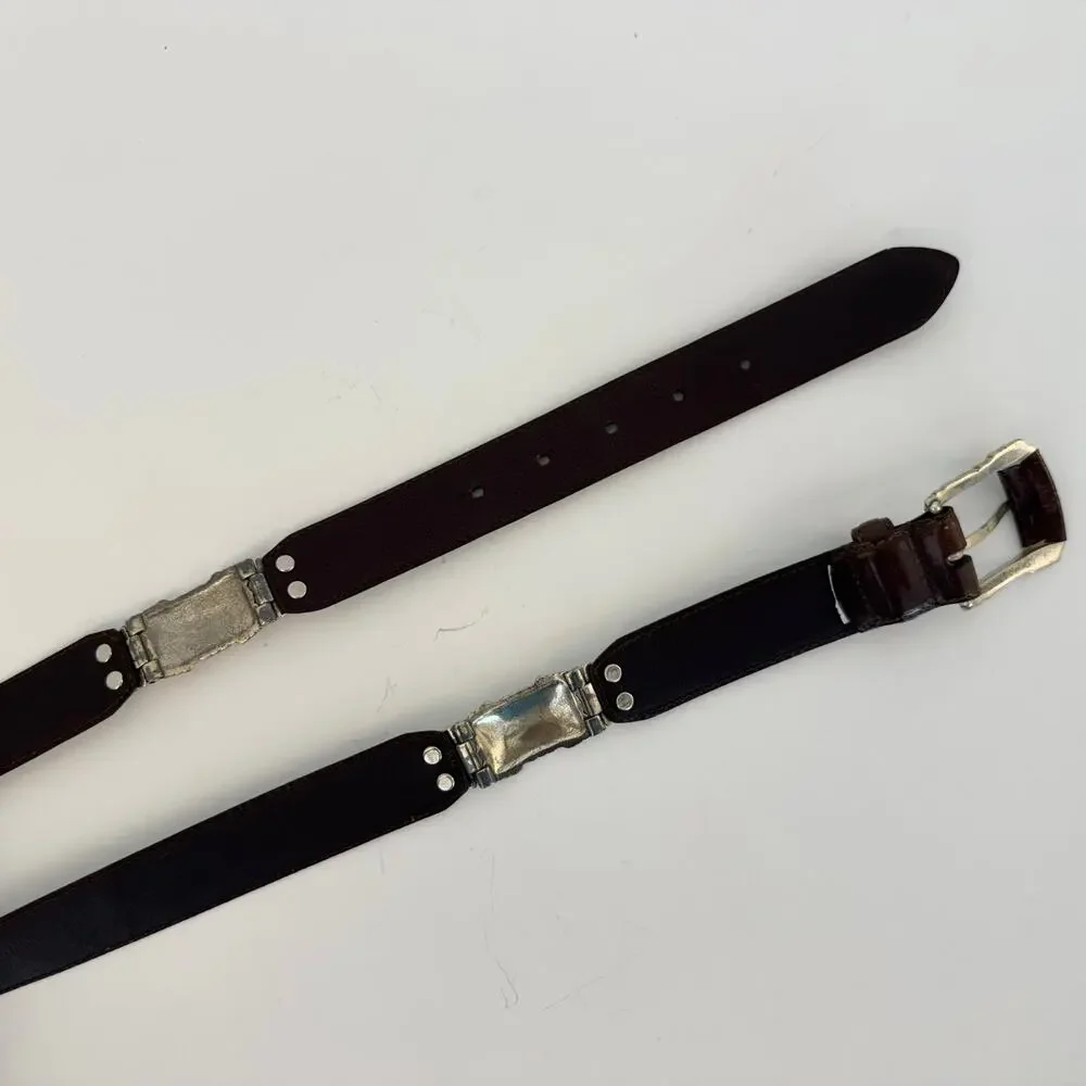 Fossil Brown Leather Belt Silver-Tone Hardware Boho Design Size M